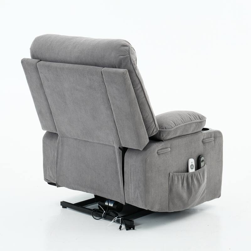 Corduroy Power Lift Recliner Chair with Heating & Massage, Heavy Duty Reclining Sofa with 2 Cup Holders & Side Pockets