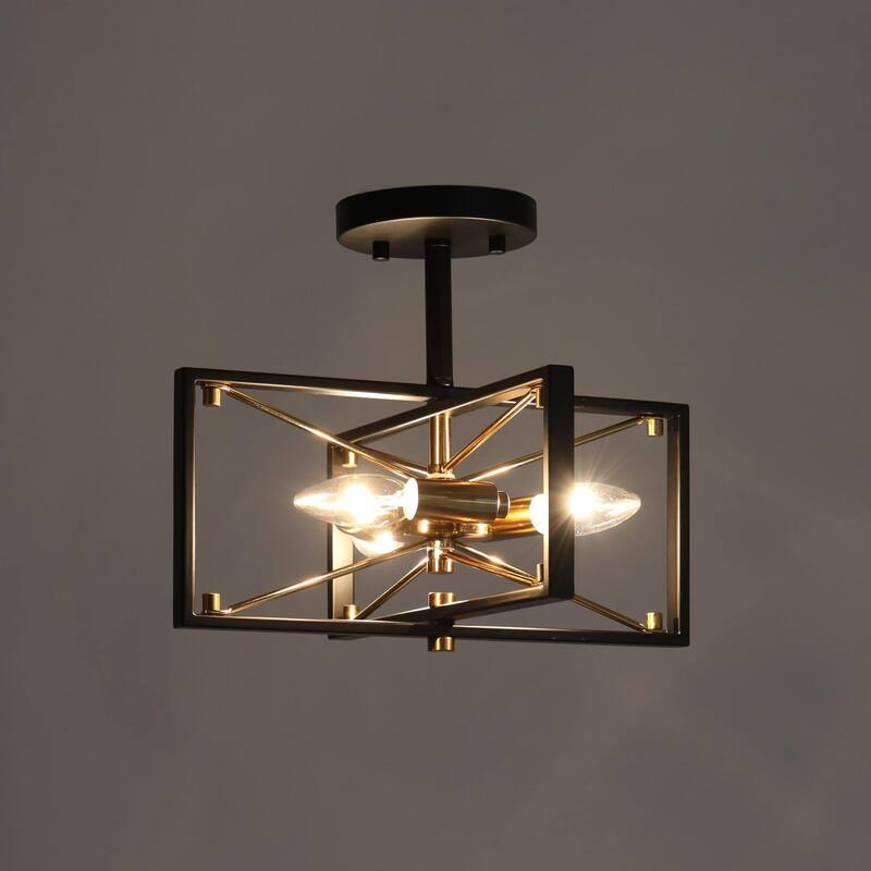 Leno Modern Black Gold 3-Light Geometric Chandelier Semi-Flush Mount Ceiling Light Fixture