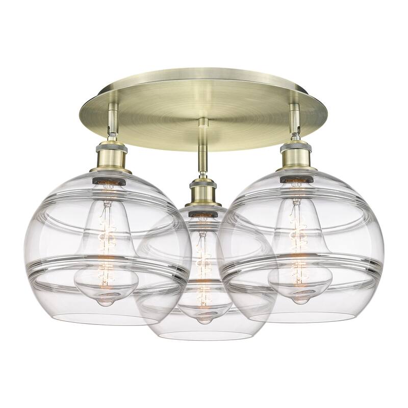 Innovations Lighting 516-3C-13-22 Rochester Flush Rochester 3 Light - Antique Brass / Clear