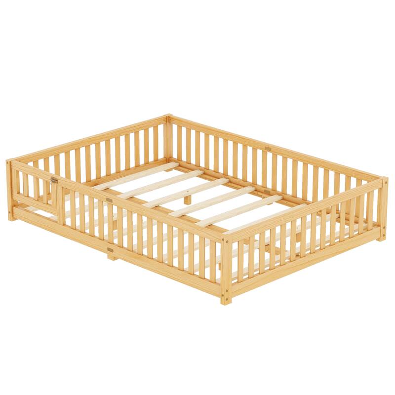 Queen Size Pine Wood Floor Bed with Safety Guardrails and Door for Kids, Boys, Girls, Bedroom