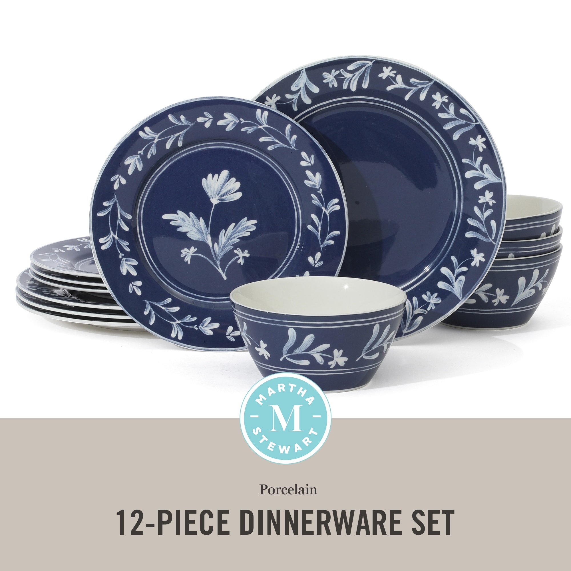 Martha Stewart Maiden Crown 12-Piece Dinnerware Set - Vegan Bone China  Ceramic Plates \u0026 Bowls - Floral Design - Service for 4 - Bed Bath \u0026 Beyond  - 43175872, image size:2000x2000