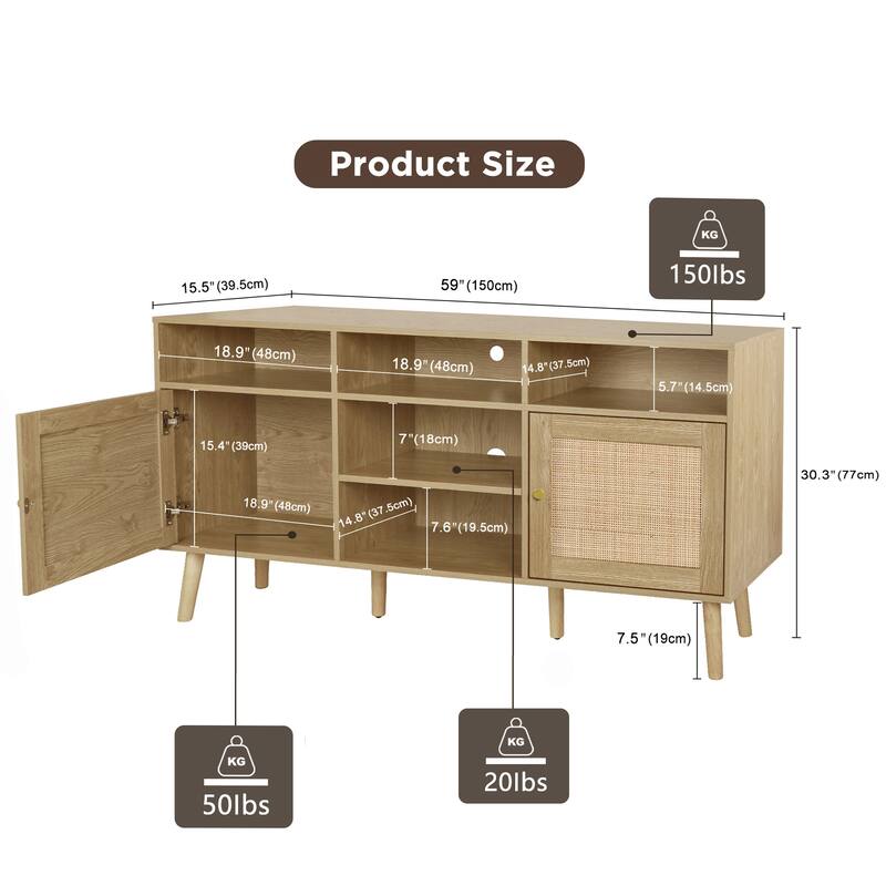 Anmytek Modern Rattan Wood TV Stand Console Table Entertainment Centers for TVs up to 65" - 59"