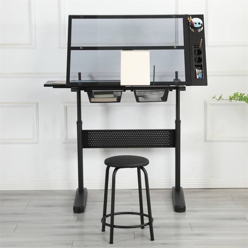 Adjustable Drawing Desk with 2 Metal Drawers and Stool