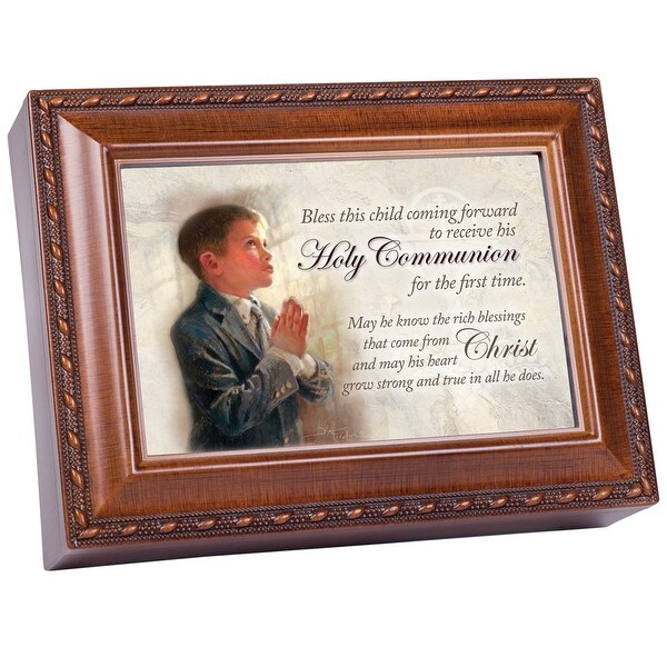 8" Denim Blue and Brown Traditional First Communion Boy Religious Musical Box - N/A