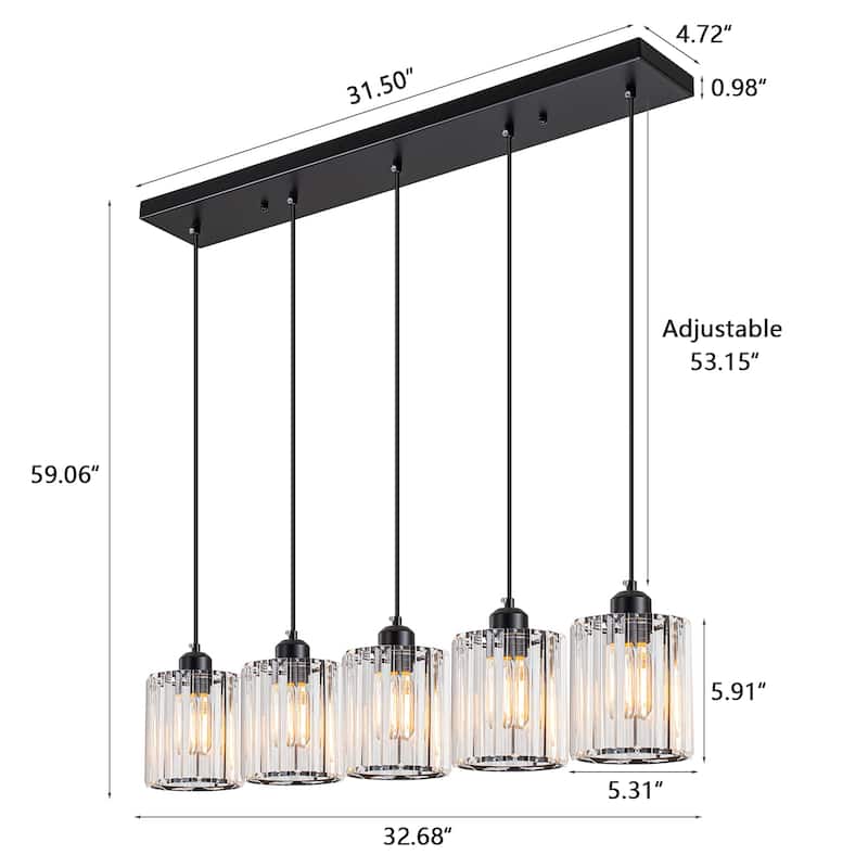 Starsky 5-Light 32in. Modern Crystal Linear Chandelier Cluster Cylinder Glass Kitchen Island Light