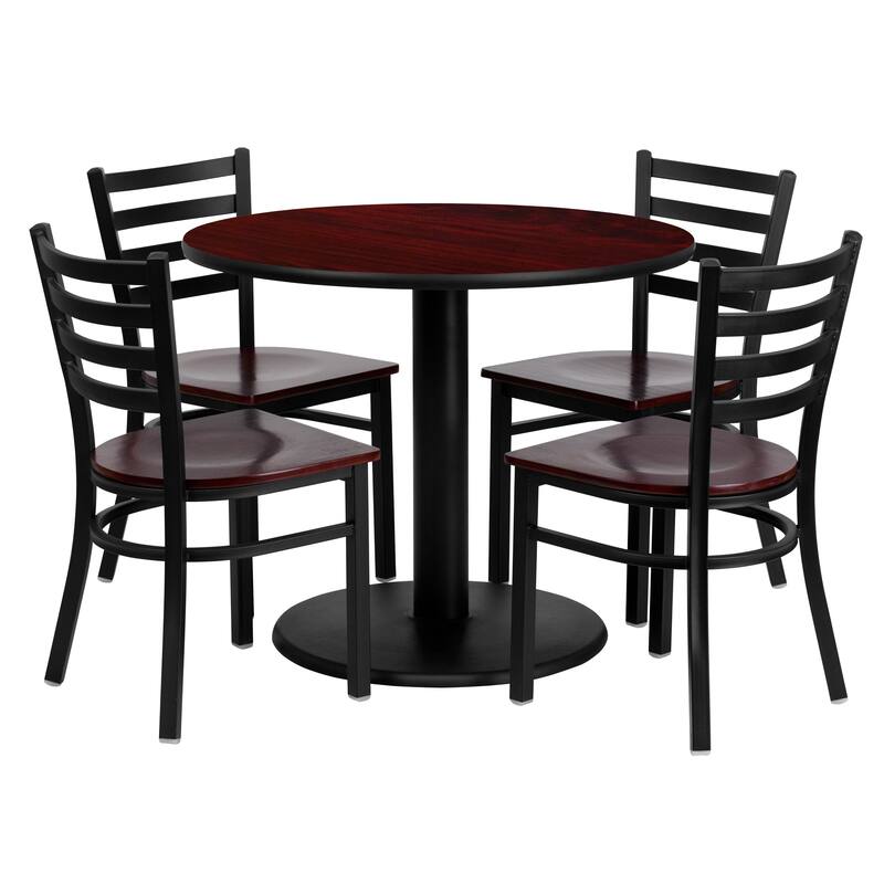 36" Round Mahogany Laminate Table Set with 4 Metal Chairs - Mahogany Wood Seat - Mahogany