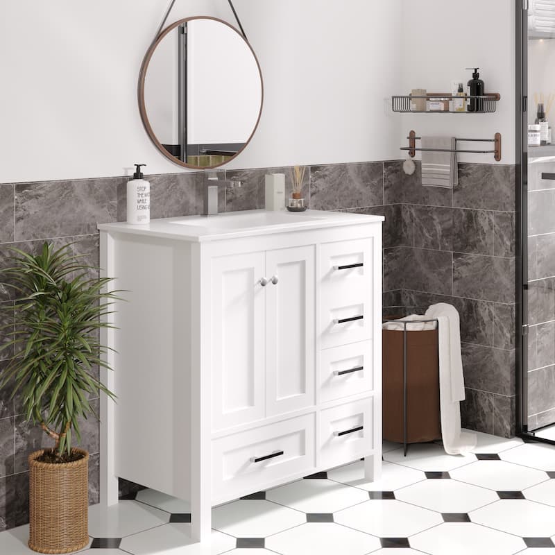 EROMMY All-in-One Bathroom Vanity with Ceramic Sink, Soft-Close Storage Cabinet & Drawer, Glossy Countertop, White - 31"