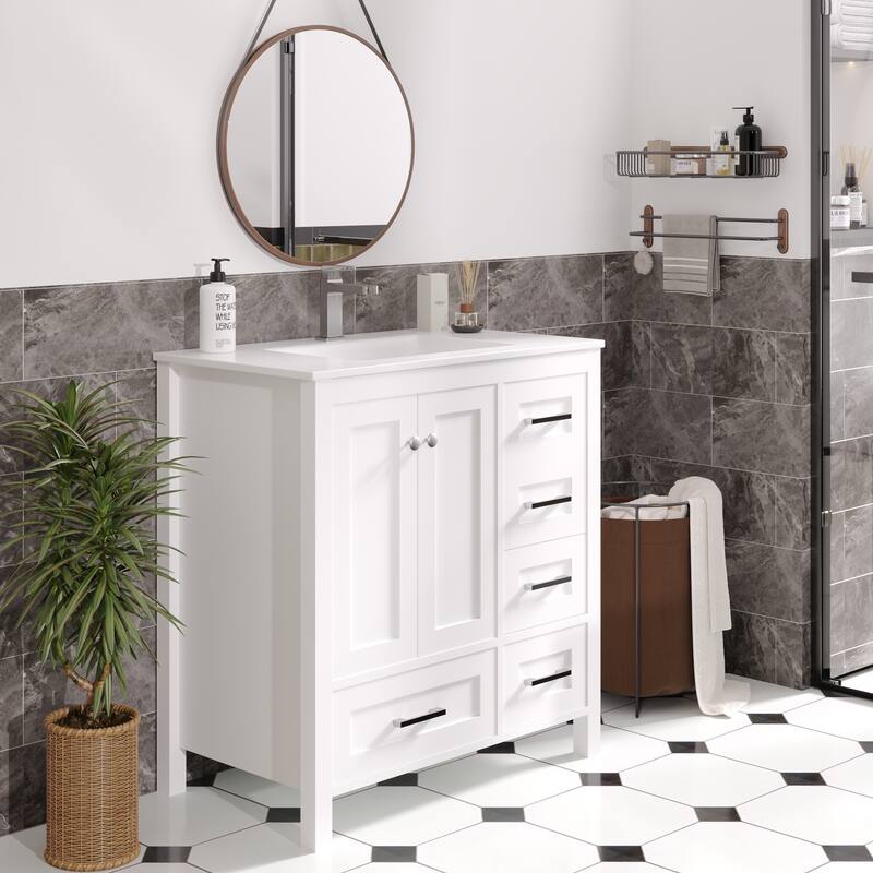 Modern Bathroom Vanity with Ceramic Sink, Soft-Close Storage Cabinet and Glossy Easy-Clean Countertop - 32"