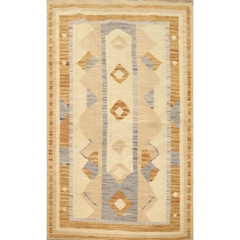 Hand Woven Oriental 100% Wool Carpet Southwestern Tribal Beige & Ivories Kilim Area Rug - 5' 6'' X 3' 8''
