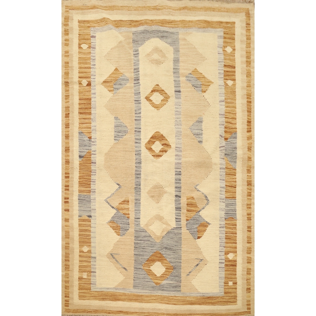 Hand Woven Oriental 100% Wool Carpet Southwestern Tribal Beige & Ivories Kilim Area Rug - 5' 6'' X 3' 8''
