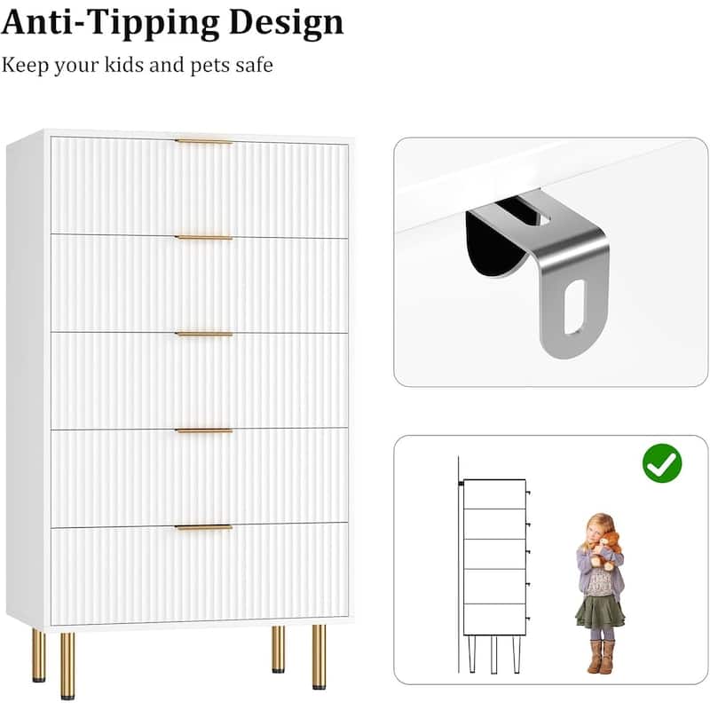 Fluted 5 Drawer Dresser for Bedroom, Wooden Chest with Wide Drawers, Modern Storage Organizer for Closet, Hallway
