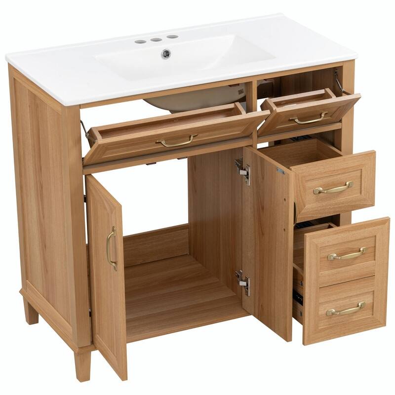 36 Inch Bathroom Vanity with Ceramic Sink, Modern Wood Grain Cabinet with Solid Rubberwood Legs, Soft-Close Doors & 4 Drawers