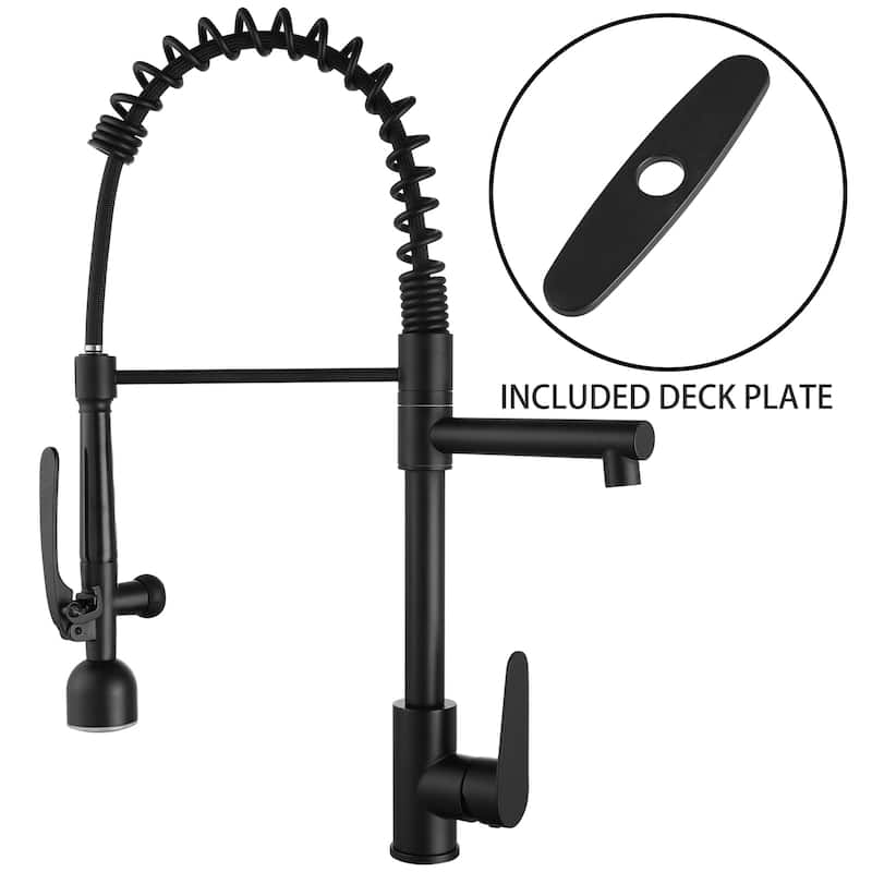 Commercial Stainless Steel Single Handle Kitchen Spring Sink Faucet with LED Pull Down Sprayer & Deck Plate