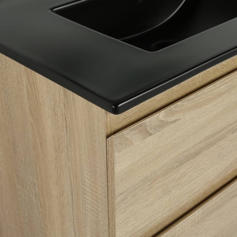 Modern 24" Floating Bathroom Vanity with Black Ceramic Basin, Soft-Close Drawers, Water-Resistant Melamine Surface