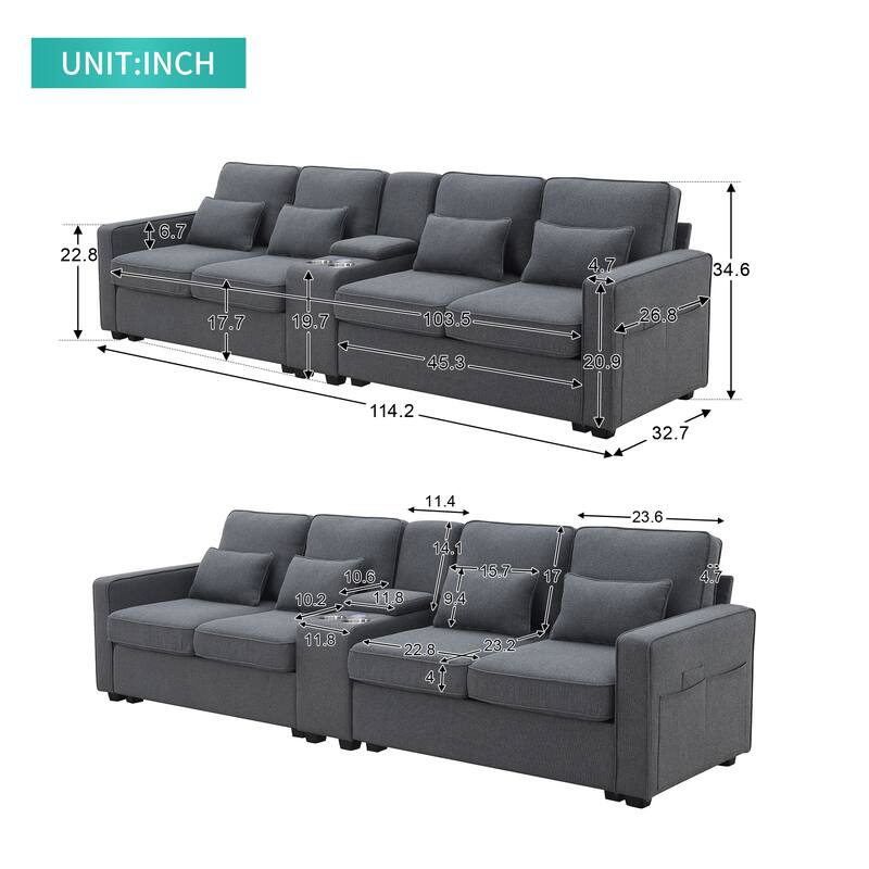 Modern Linen Fabric Upholstered Sofa with Console, 4Pillows,Cupholders,USB,Dark Gray
