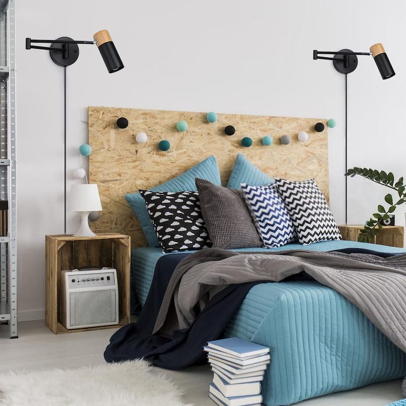 Industrial Adjustable Swing Arm Wall Lamp Wall Sconce with Plug in Cord, Modern White/Black Finish with Wood Head