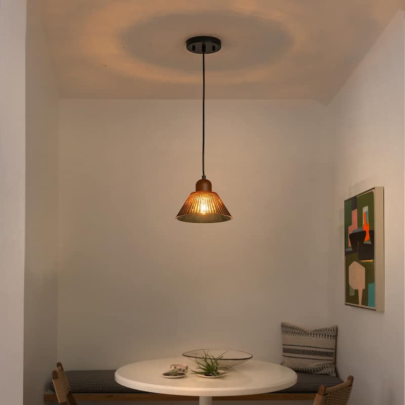 7.48" 1-Light Vintage Pendant Light Wood Accents Gradient Glass Shade - Dia.7.5-in