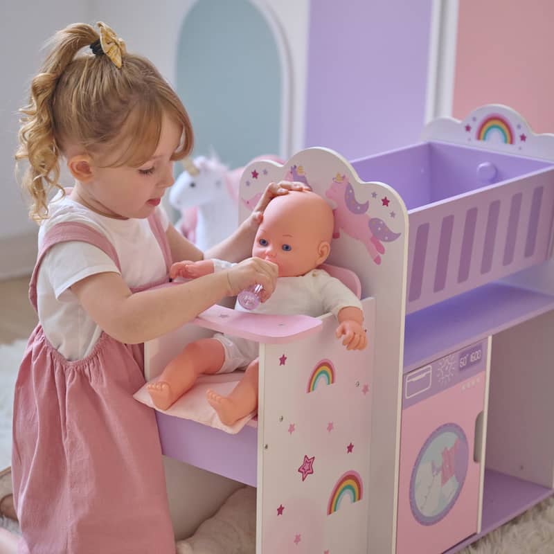 Teamson Kids Fantasy Care Wooden 6-in-1 Doll Nursery Pretend Play Set - Dollhouse with Furniture and Accessories, Toddler Gift