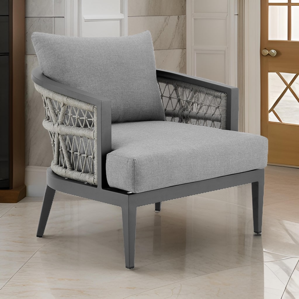 Hosa 30 Inch Outdoor Patio Armchair, Sleek Aluminum Frame, Gray Woven Rope