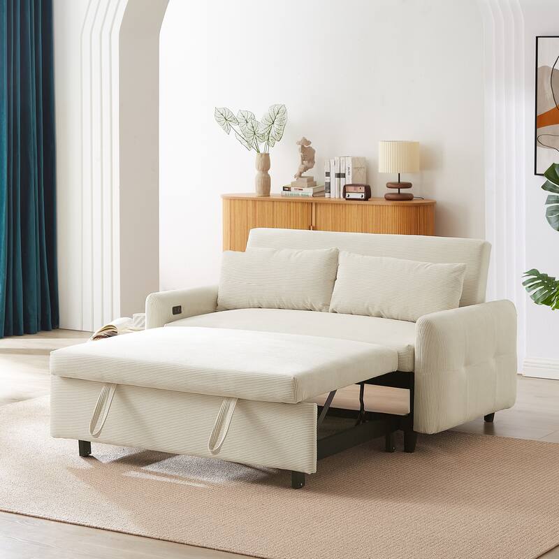 Convertible Sofa Bed Pull-out Sofa Couch 2 Seat Loveseat Sofa Modern Sleeper Sofa with 2 Throw Pillows and USB Ports