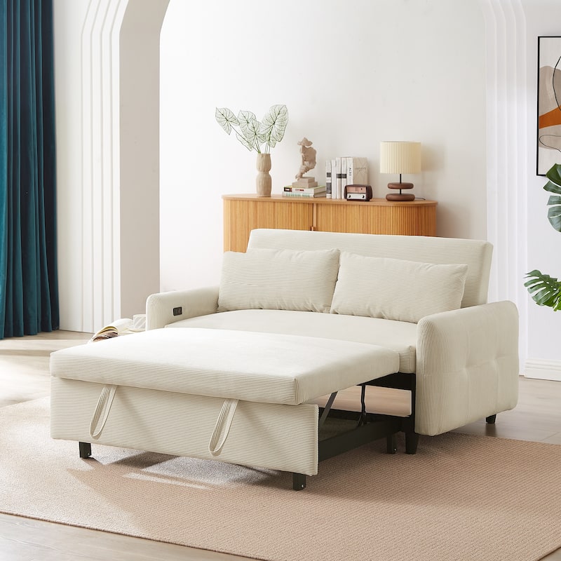 Roomfitters Pull-Out Sofa Bed Convertible 2-Seat Loveseat with Throw Pillows and USB Ports, Modern Sleeper Sofa, Beige
