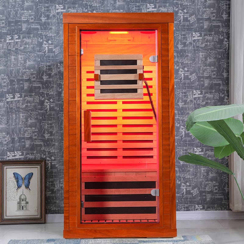 One Person Indoor Low EMF Infrared Sauna Okoume Wood with Bluetooth Red Light Therapy - N/A