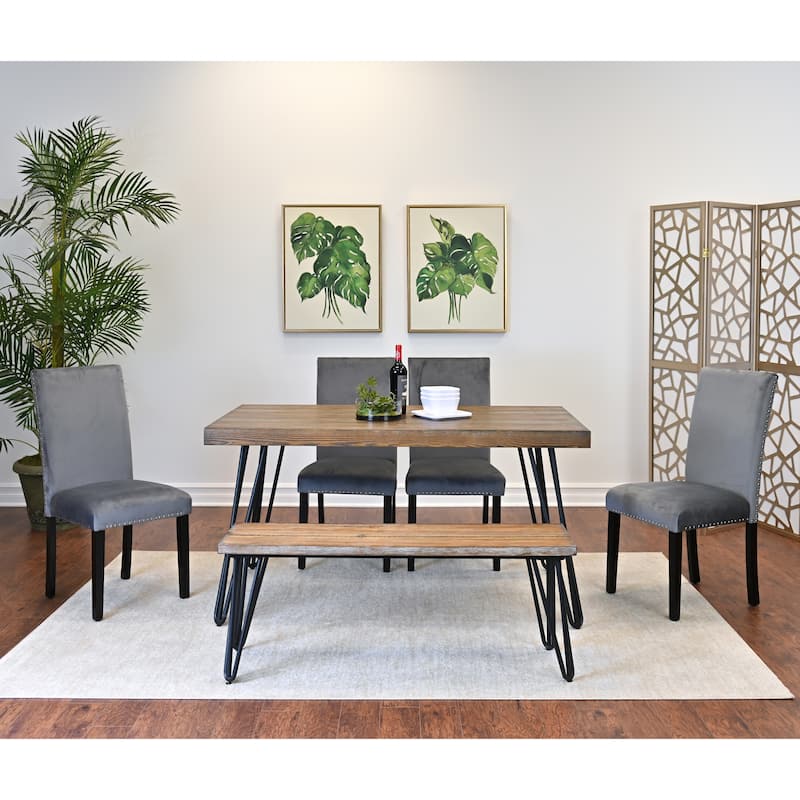 6-Piece Industrial Dining Set with Rectangular Table, Chairs & Bench - Brown+Gray