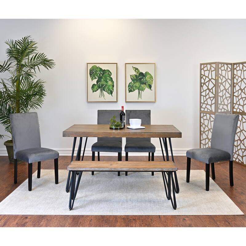 Industrial Style 6-Piece Dining Set with Rectangular Table, 4 Velvet Upholstered Dining Chairs and Bench - Brown+Gray