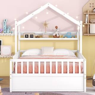 Wood Full Size House Bed with Twin Size Trundle and Storage - White