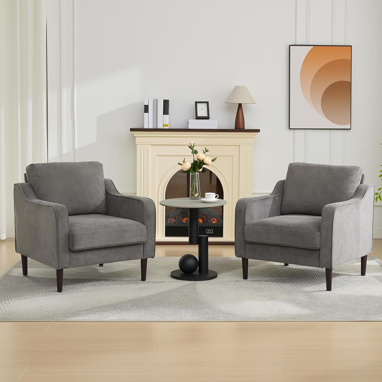 Mid Century Accent Chair, Modern Upholstered Armchair with Linen Fabric & Wood Legs, Comfy Reading Chair