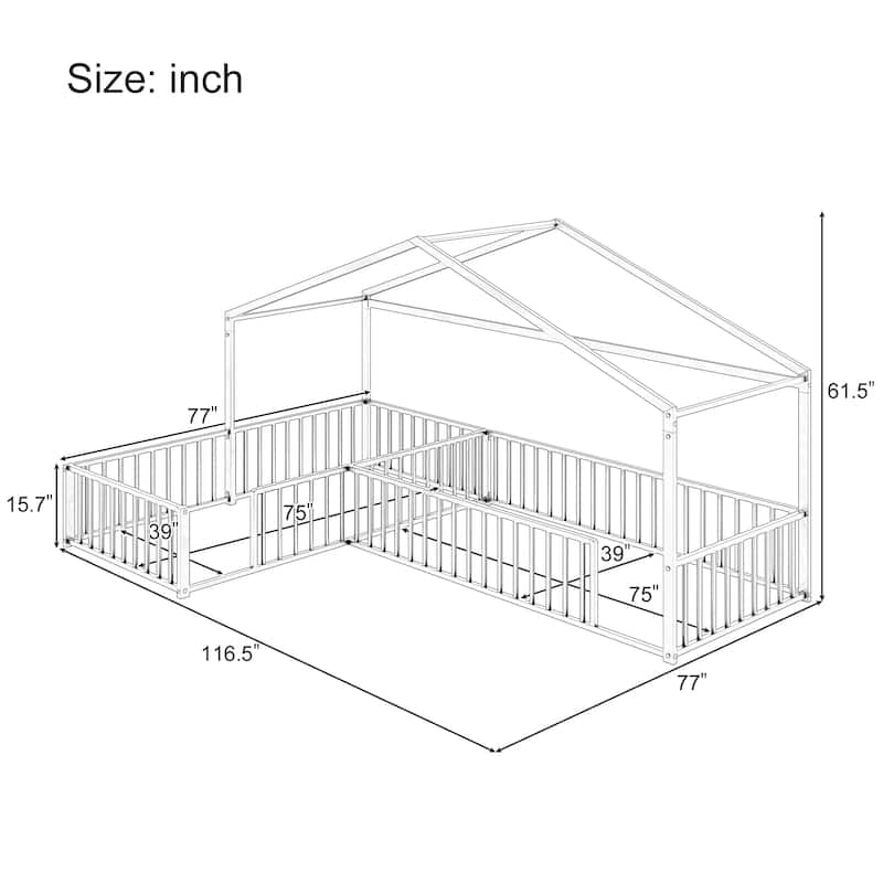 Twin Size L-shaped Corner Montessori Bed with Fence, Metal House-shaped Bed Frame, Without Slats, Floor House Bed for 2 Kids