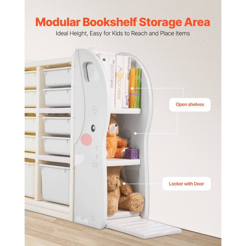 4-Tier Beige HDPE Kids Toy Organizer Bins with Bookshelf Storage and Book Rack for Playroom or Nursery - 53.7 x 12.6 x 38.2 in
