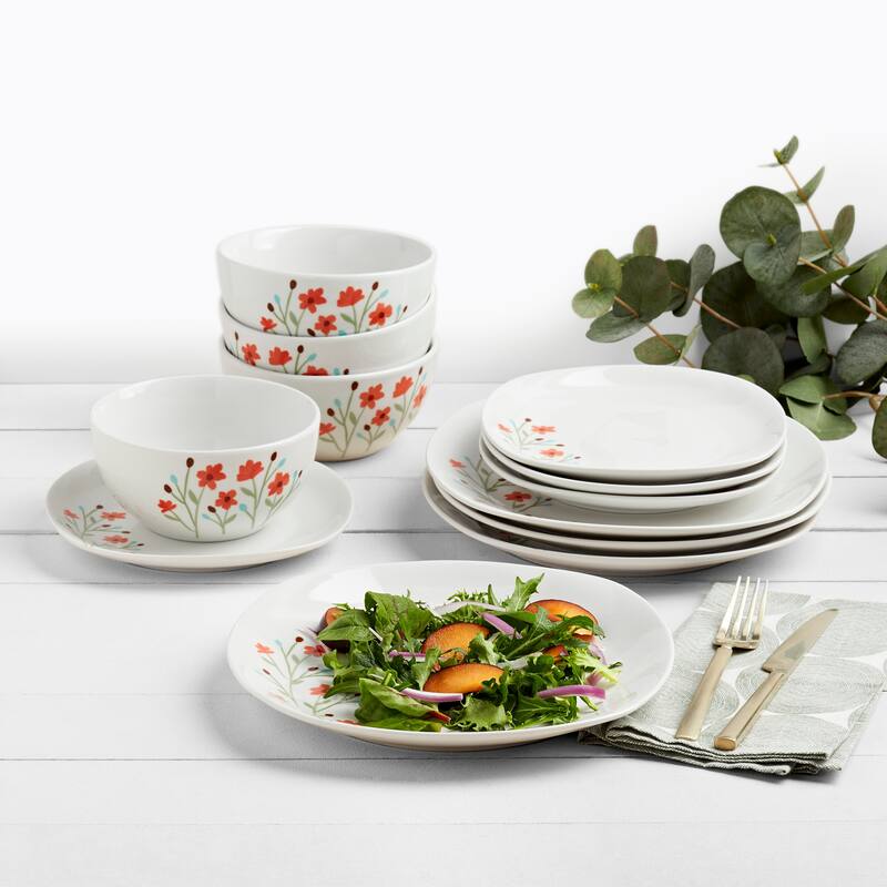 Tabletops Gallery Caroline 12 Piece Floral White Porcelain Dinnerware Set- Service for 4