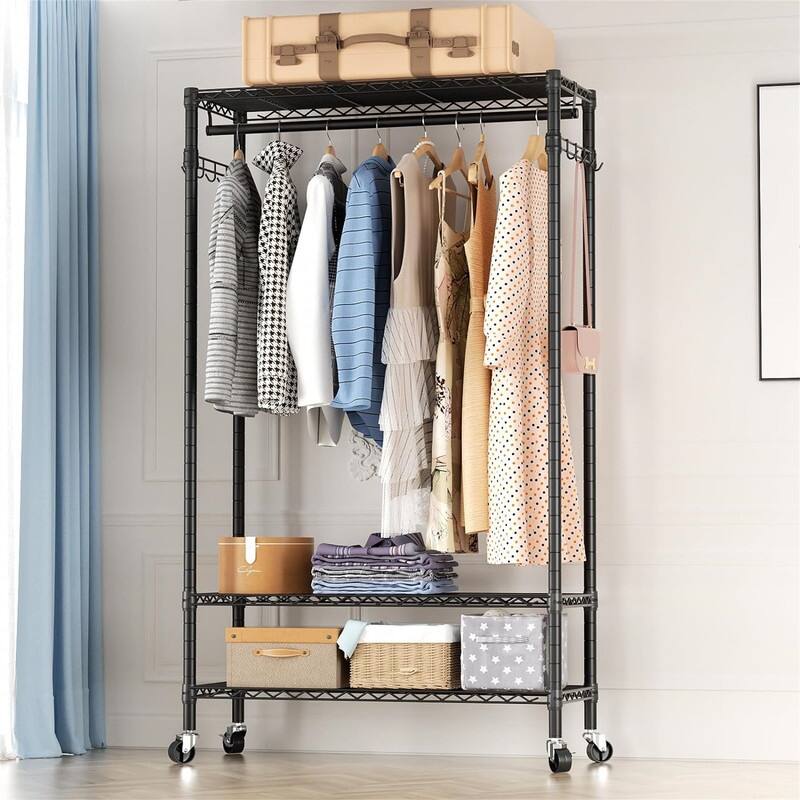 Adjustable Wire Shelving Clothing Racks - 15.75"D x 31.5"W x 78.74"H - Black,Single Rod