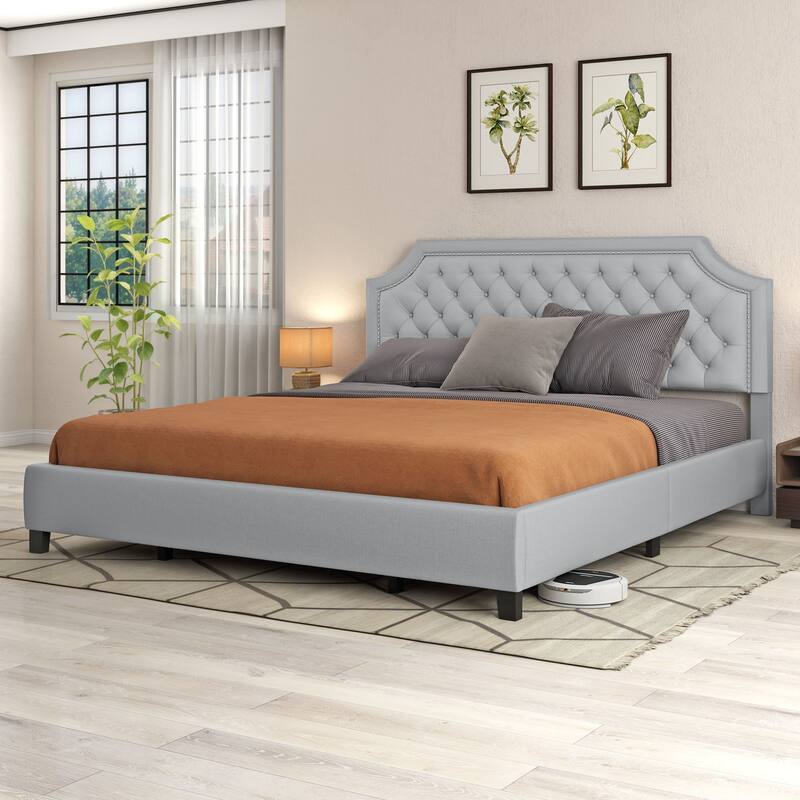 Moasis Linen Upholstered Platform Bed Velvet Bed Frame with Adjustable Headboard - Grey - King