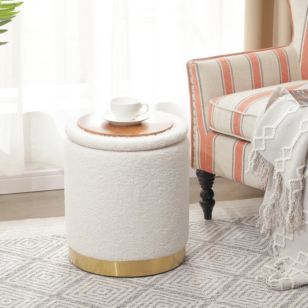 Adeco Velvet Round Storage Stool Gold Plating Base Storage Ottoman