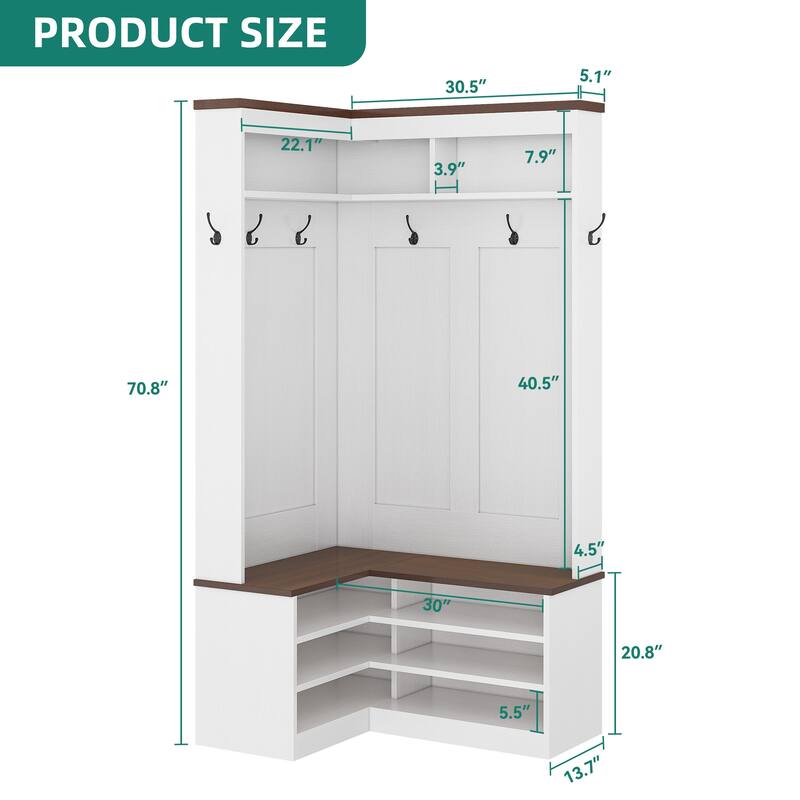 Moasis Modern Hall Tree with Shoes Storage Bnech Corner Coat Rack w/6 Hooks for Entryway