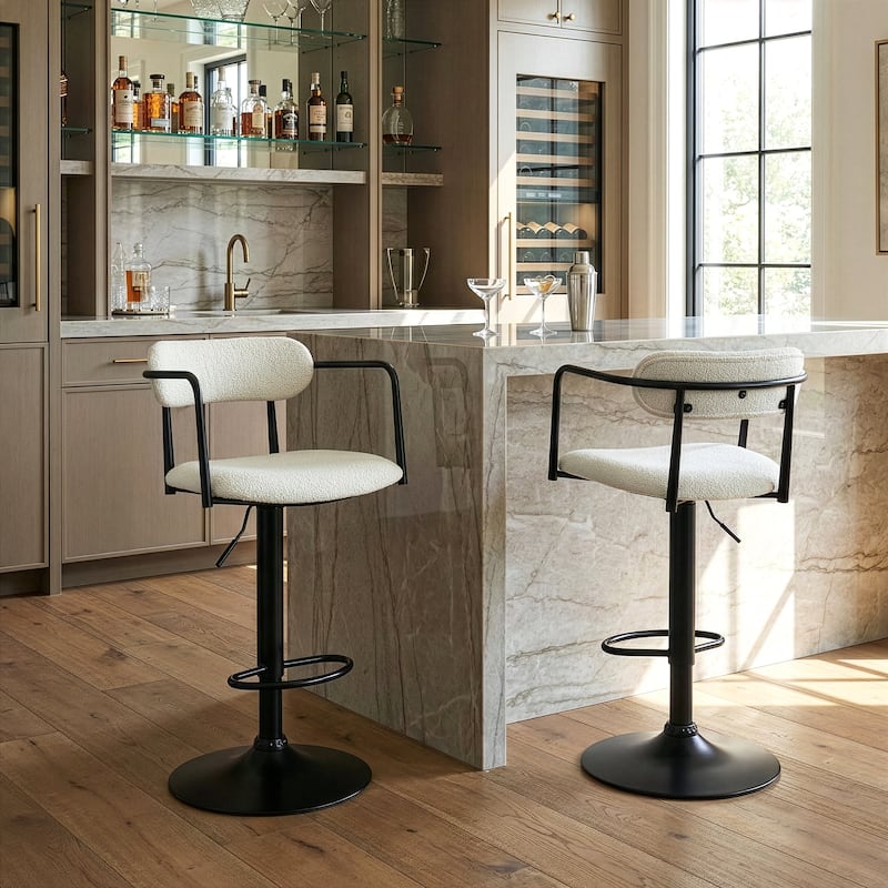 Bedivere Beige Boucle Fabric Adjustable Swivel Bar Stool with Black Iron Arms and Pedestal Leg