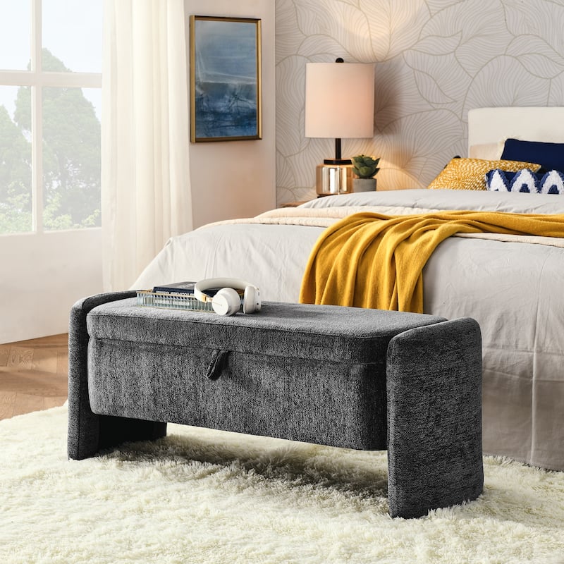 Ottoman Storage Bench Chenille Fabric Bench with Large Storage Space