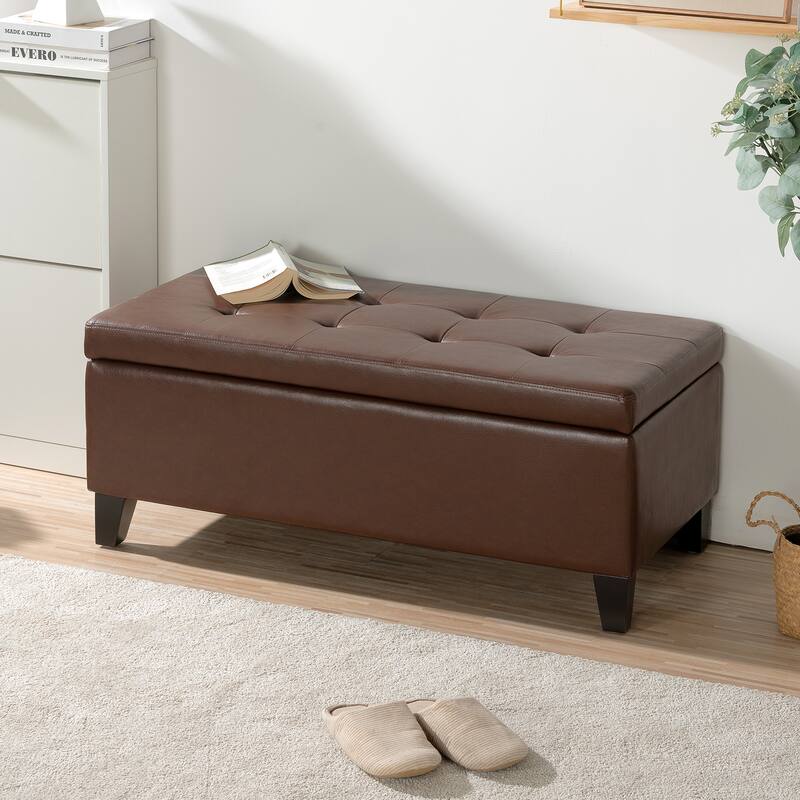 Storage Ottoman with Wooden Legs, Faux Leather Ottoman with Storage for Living Room, Bedroom & Hallway, Ottoman Foot Rest