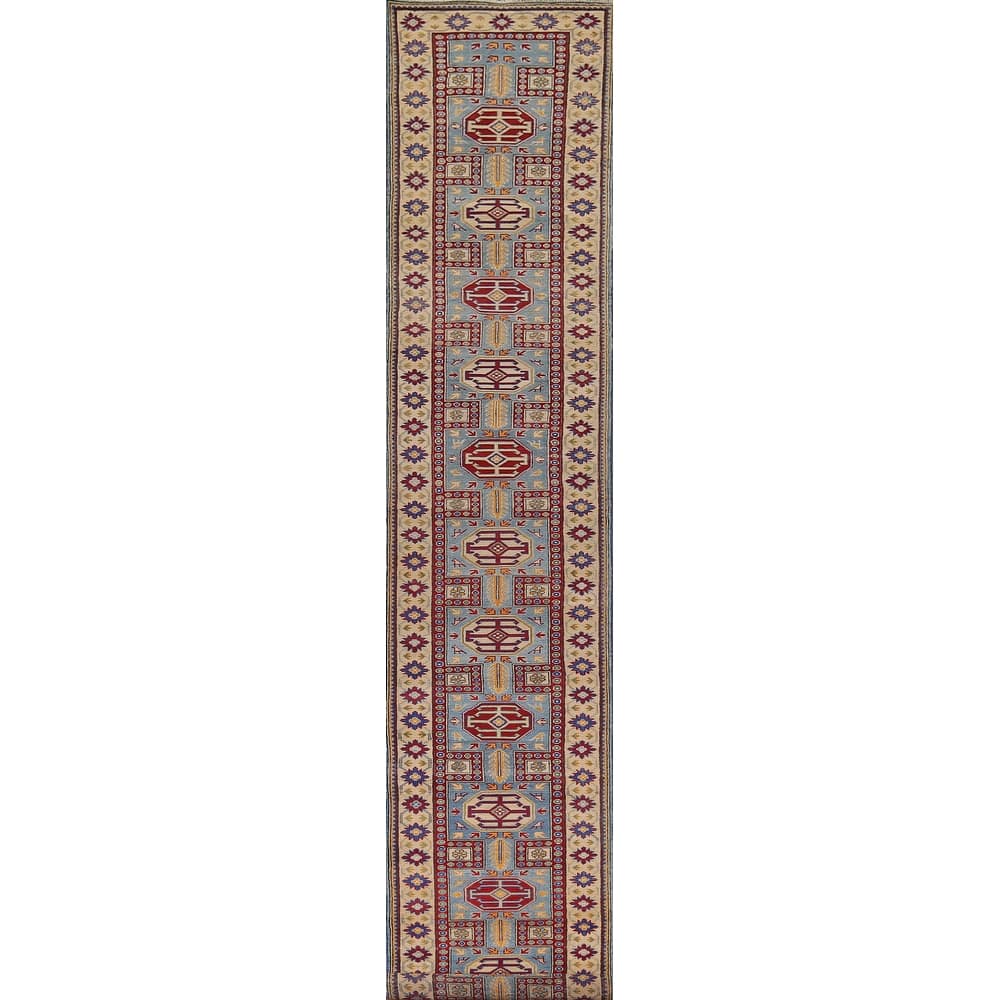 Light Blue Kazak Runner Rug Handmade Wool Carpet - 2'7" x 20'7"