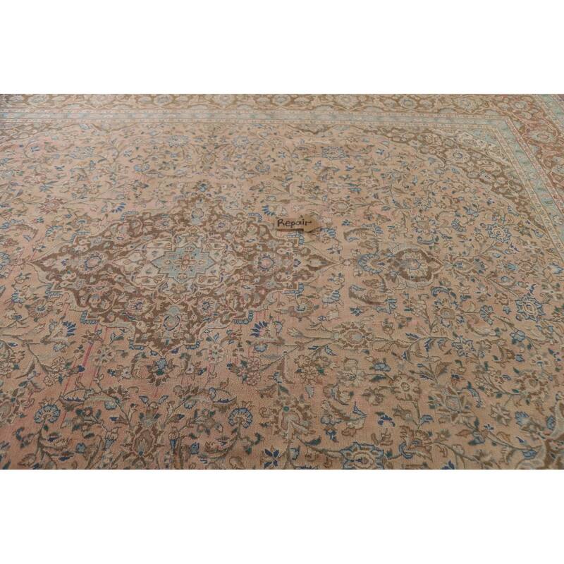 Hand Knotted Oriental 100% Wool Carpet Traditional Floral Peach Mashad Area Rug - 12' 6'' X 9' 7''