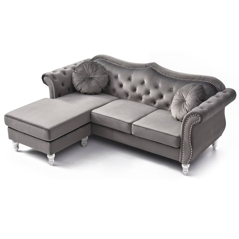 Tufted Velvet Chesterfield Sectional Sofa with Throw Pillows - 81" - Dark Gray