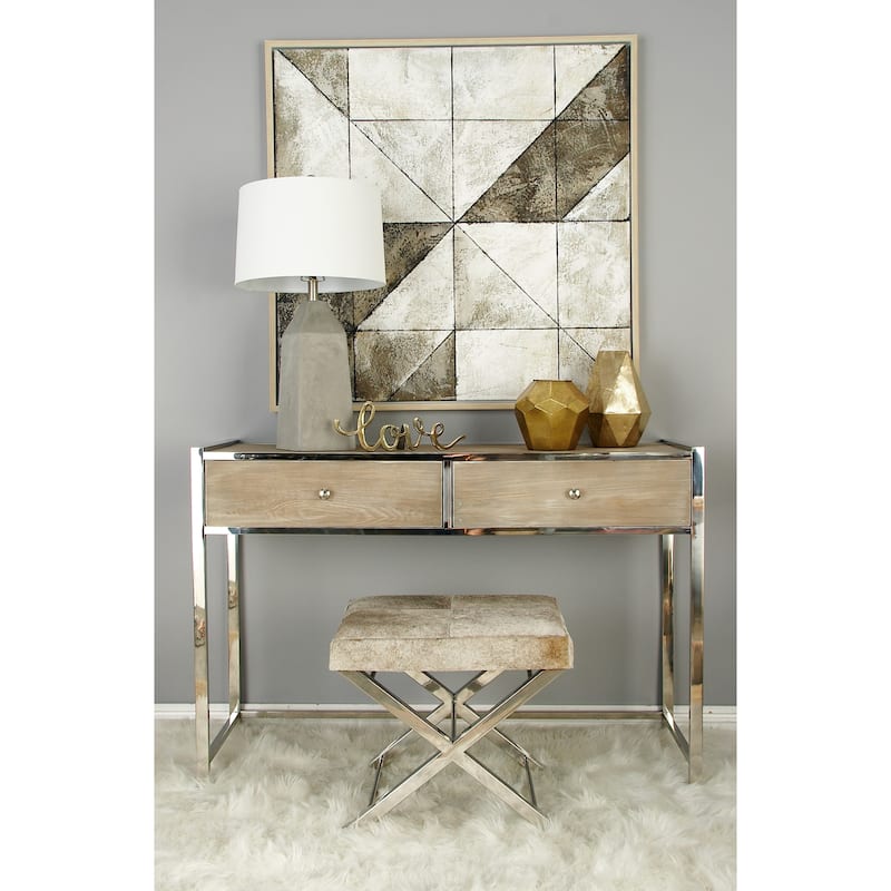Leather Bench or Stool with Silver X-Shaped Stainless Metal Base - Beige or Gray - Roche River Decor