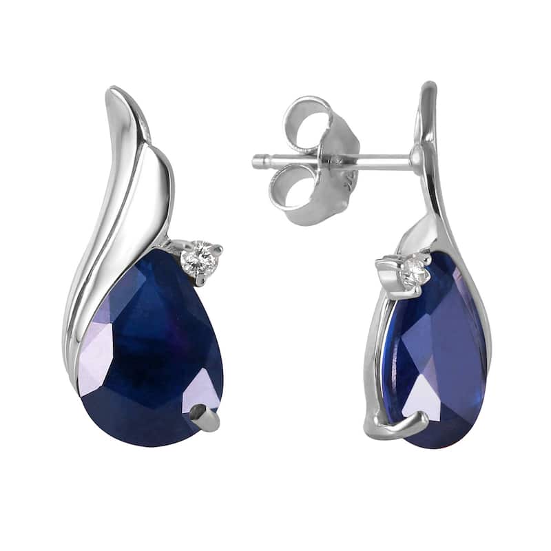 14K Solid Gold Studs Earrings Natural Diamond & Sapphire Certified - White