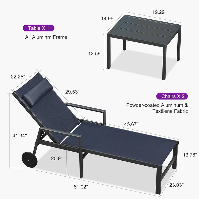 PURPLE LEAF Lounge Chair Set for Outside Aluminum Patio Recliner with Side Table and Pillow Beach Sunbathing Tanning Chairs