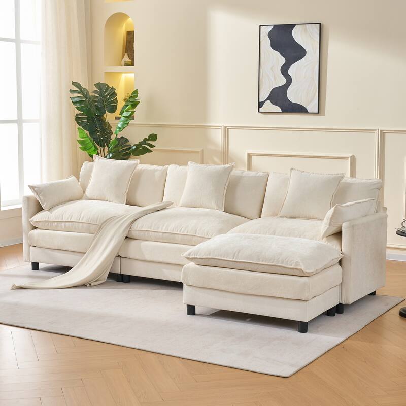 108" L-Shaped Sectional Sofa with Ottoman, 4-Seat Chenille Deep Seat Couch with Pillows, Modern Oversized Sofa for Living Room