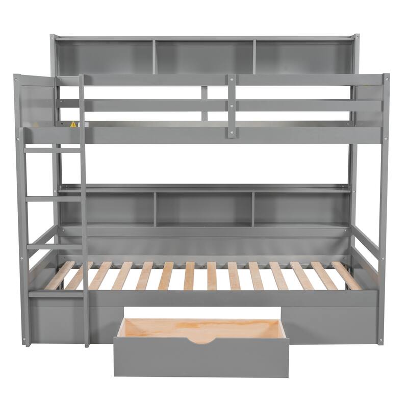 Twin Size Bunk Bed with Built-in Shelves and Storage Drawer, Gray