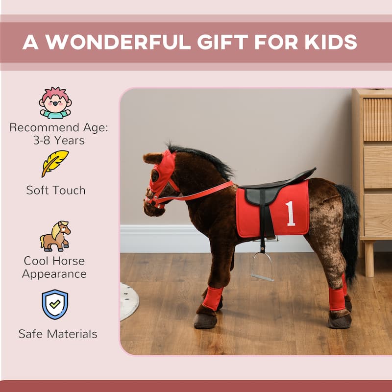 Qaba Ride on Horse for Kids 3-8 Years Old, Toddlers Riding Horse with Neighing Sound, Ride on Animal Pony Toy, Brown