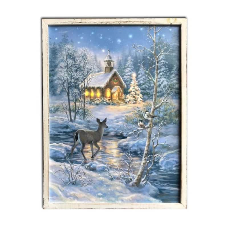 White Blue "The Chapel" LED Christmas Framed Wall Decor 24"x18"